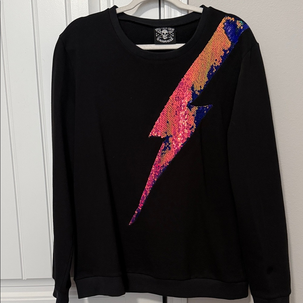 Any Old Row Nashville Black Top with Sequin Lightning Bolt